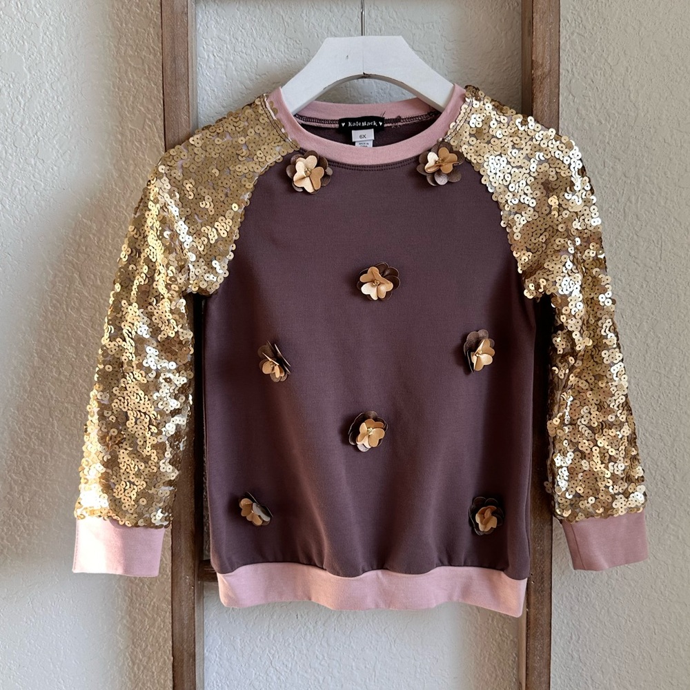 Kate Mack Sequined Sleeve and Flower Appliqué Raglan Sweatshirt sz: 6X